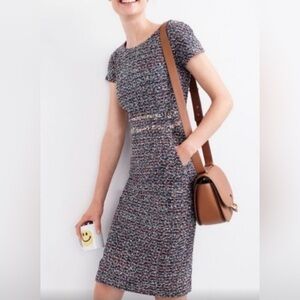 J Crew Navy Red White Silver Tweed Dress Lined Back Zip Short Sleeve Size 2P